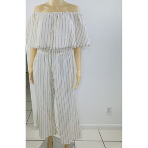 Elan Ruffled‎ Raw Hem Off The Shoulders Striped Jumpsuit With Pockets Size M
